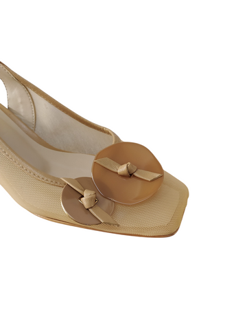 Zapato camel malla/aplique destalonado taco cuadrado bajo Lolys