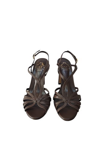 Sandalia chocolate entrelazada taco bloque alto Lolys