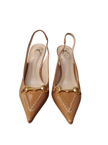Stiletto café charolado aplique dorado taco fino alto Lolys