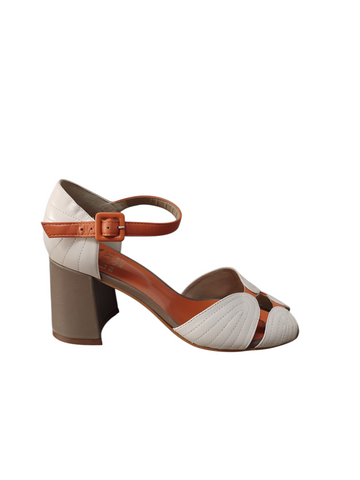 Sandalia combinada blanca/naranja/café taco bloque alto Lolys