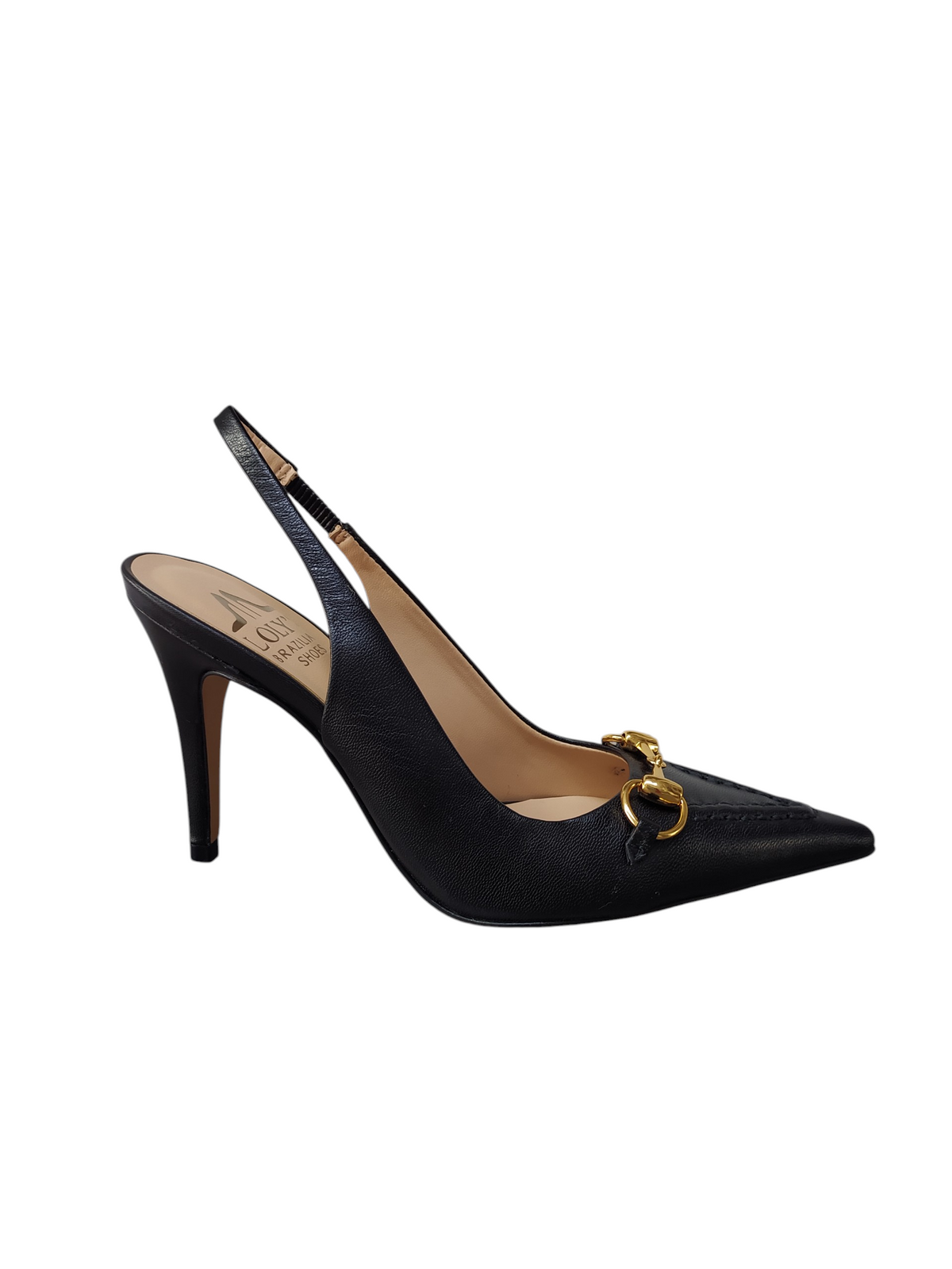 Stiletto negro con aplique dorado taco fino alto Lolys