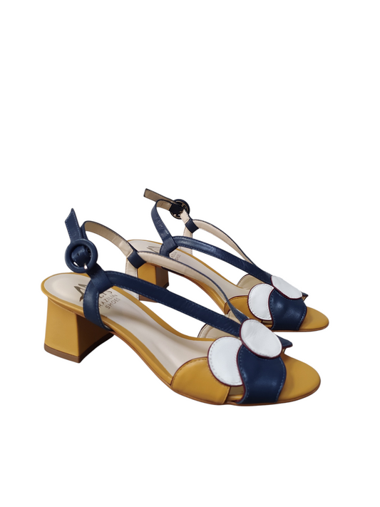 Sandalia combinada amarillo/azul/blanco taco bloque medio Lolys