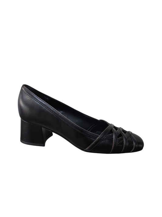 Zapato negro cuero entrelazado adelante taco bloque medio Lolys