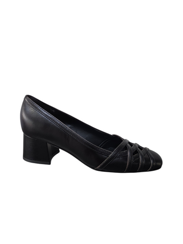 Zapato negro cuero entrelazado adelante taco bloque medio Lolys