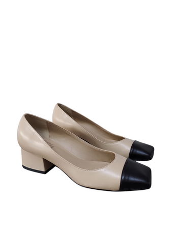 Zapato bicolor beige/negro taco bloque bajo Lolys