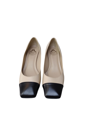 Zapato bicolor beige/negro taco bloque bajo Lolys